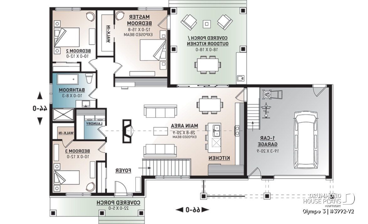 1st level - 3 bedroom small modern Farmhouse home plan, garage, cathedral ceiling, large covered deck, open living concept - Olympe 3
