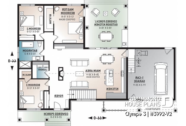 1st level - 3 bedroom small modern Farmhouse home plan, garage, cathedral ceiling, large covered deck, open living concept - Olympe 3