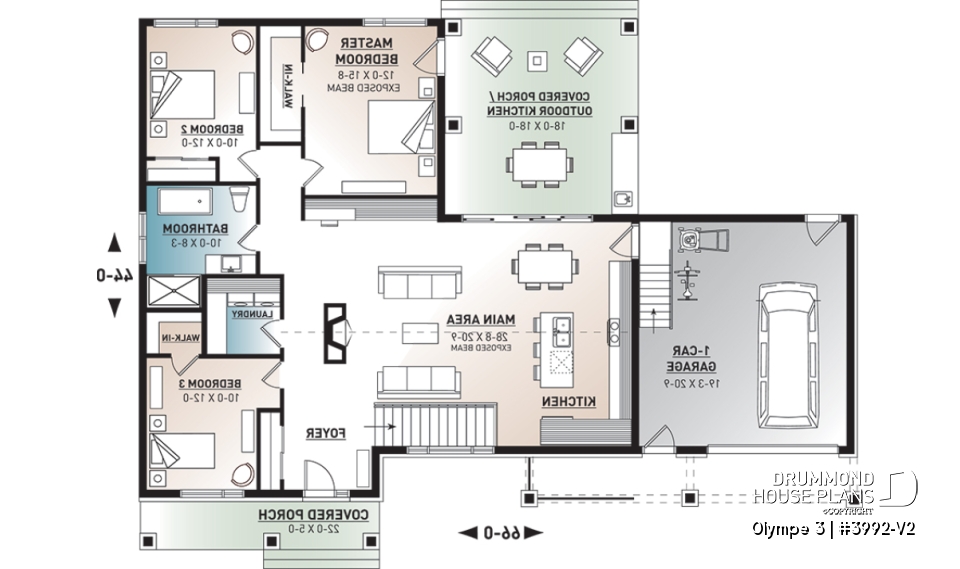 1st level - 3 bedroom small modern Farmhouse home plan, garage, cathedral ceiling, large covered deck, open living concept - Olympe 3
