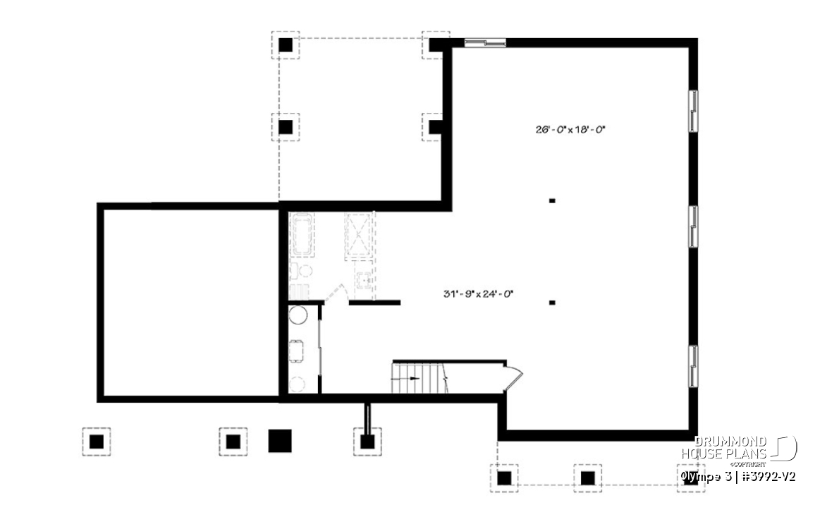 Basement - 3 bedroom small modern Farmhouse home plan, garage, cathedral ceiling, large covered deck, open living concept - Olympe 3
