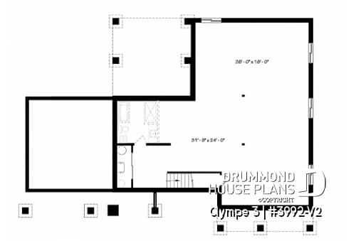Basement - 3 bedroom small modern Farmhouse home plan, garage, cathedral ceiling, large covered deck, open living concept - Olympe 3