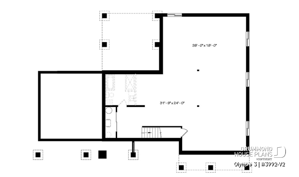 Basement - 3 bedroom small modern Farmhouse home plan, garage, cathedral ceiling, large covered deck, open living concept - Olympe 3