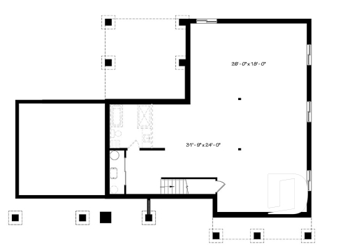 Basement - 3 bedroom small modern Farmhouse home plan, garage, cathedral ceiling, large covered deck, open living concept - Olympe 3