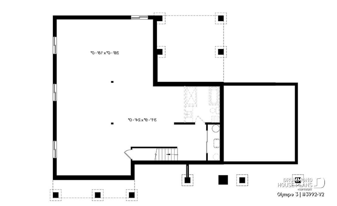 Basement - 3 bedroom small modern Farmhouse home plan, garage, cathedral ceiling, large covered deck, open living concept - Olympe 3