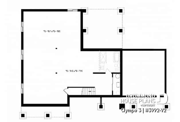 Basement - 3 bedroom small modern Farmhouse home plan, garage, cathedral ceiling, large covered deck, open living concept - Olympe 3