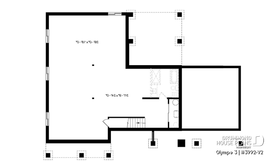 Basement - 3 bedroom small modern Farmhouse home plan, garage, cathedral ceiling, large covered deck, open living concept - Olympe 3