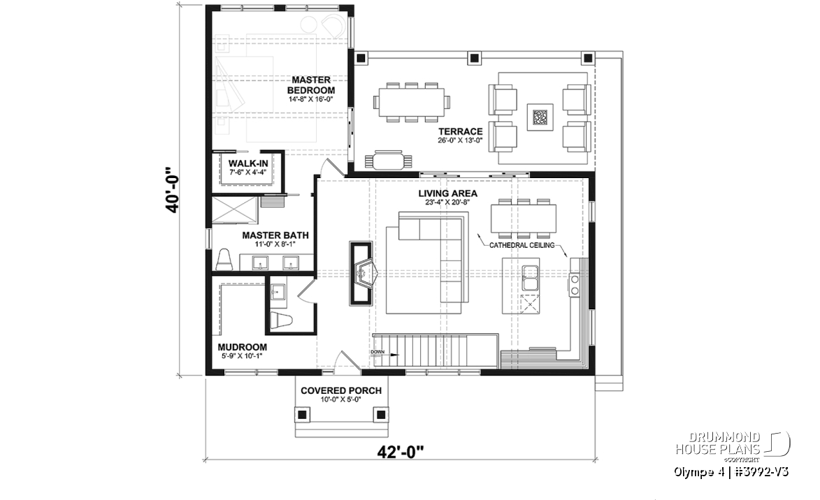 1st level - Country-Style Chalet Plan – Walk-Out Basement, 3 Bedrooms, 2 Terraces and Central Fireplace - Olympe 4