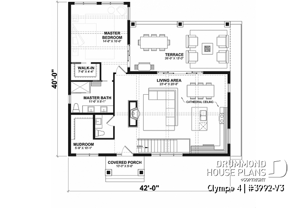 1st level - 3 bedroom waterfront cottage plan with walkout basement, 2 covered terraces, cathedral ceiling and more! - Olympe 4