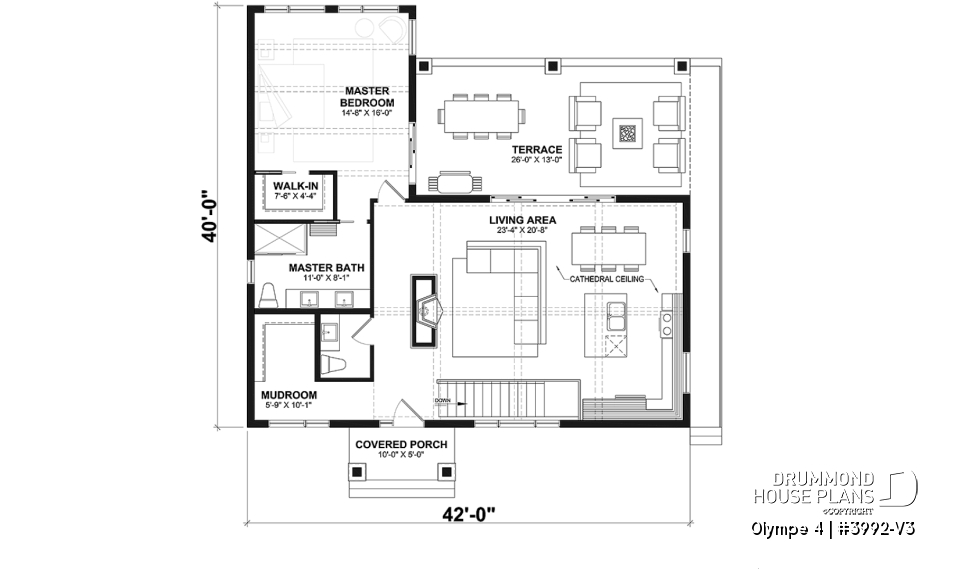 1st level - Country-Style Chalet Plan – Walk-Out Basement, 3 Bedrooms, 2 Terraces and Central Fireplace - Olympe 4