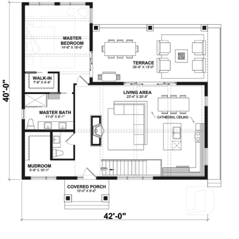 1st level - Country-Style Chalet Plan – Walk-Out Basement, 3 Bedrooms, 2 Terraces and Central Fireplace - Olympe 4