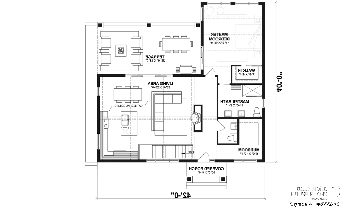 1st level - Country-Style Chalet Plan – Walk-Out Basement, 3 Bedrooms, 2 Terraces and Central Fireplace - Olympe 4