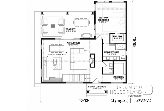 1st level - 3 bedroom waterfront cottage plan with walkout basement, 2 covered terraces, cathedral ceiling and more! - Olympe 4