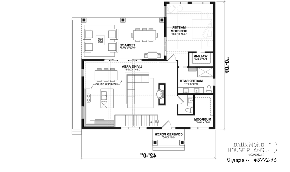 1st level - Country-Style Chalet Plan – Walk-Out Basement, 3 Bedrooms, 2 Terraces and Central Fireplace - Olympe 4