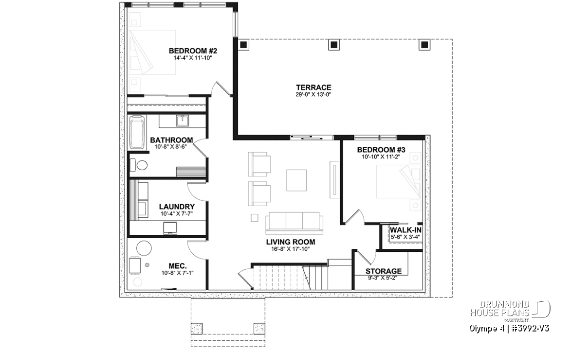 Basement - Country-Style Chalet Plan – Walk-Out Basement, 3 Bedrooms, 2 Terraces and Central Fireplace - Olympe 4