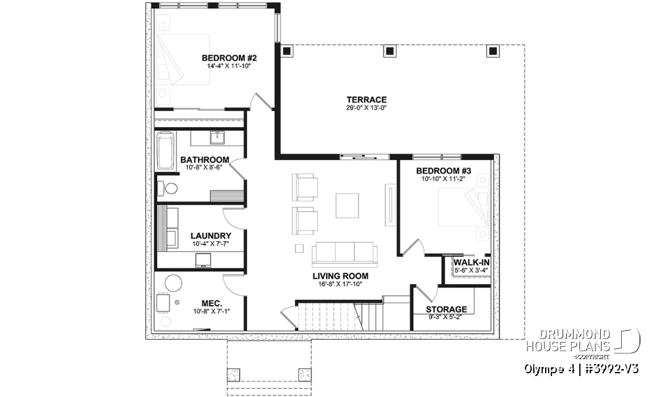Basement - Country-Style Chalet Plan – Walk-Out Basement, 3 Bedrooms, 2 Terraces and Central Fireplace - Olympe 4