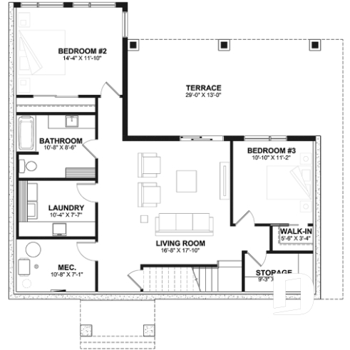 Basement - Country-Style Chalet Plan – Walk-Out Basement, 3 Bedrooms, 2 Terraces and Central Fireplace - Olympe 4