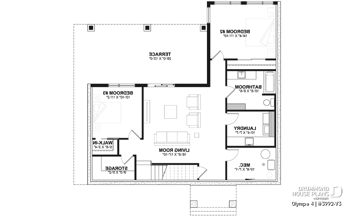Basement - Country-Style Chalet Plan – Walk-Out Basement, 3 Bedrooms, 2 Terraces and Central Fireplace - Olympe 4