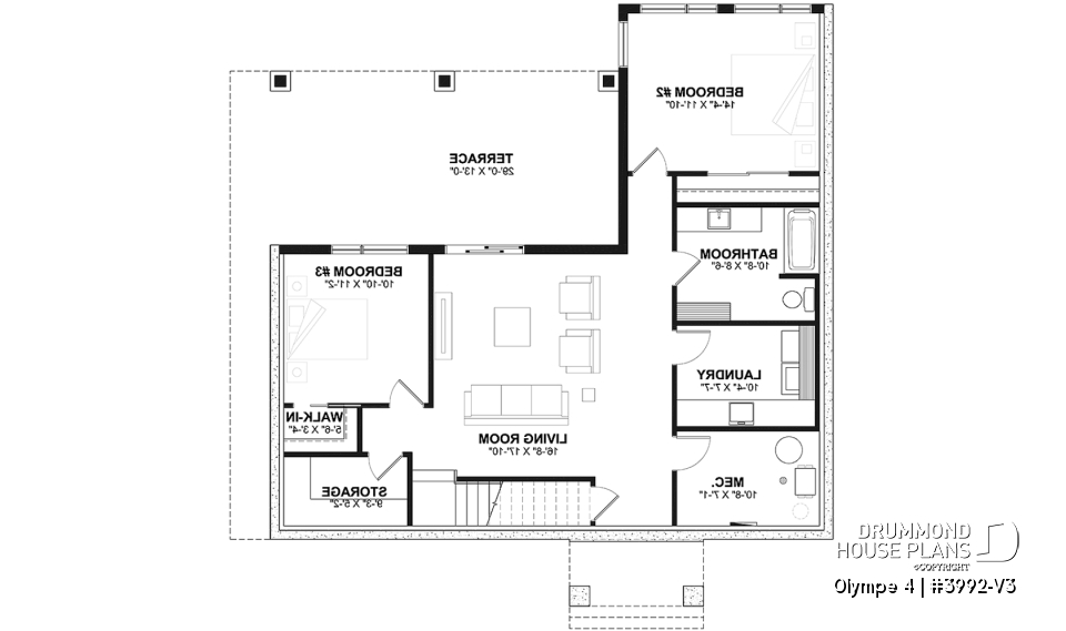 Basement - Country-Style Chalet Plan – Walk-Out Basement, 3 Bedrooms, 2 Terraces and Central Fireplace - Olympe 4