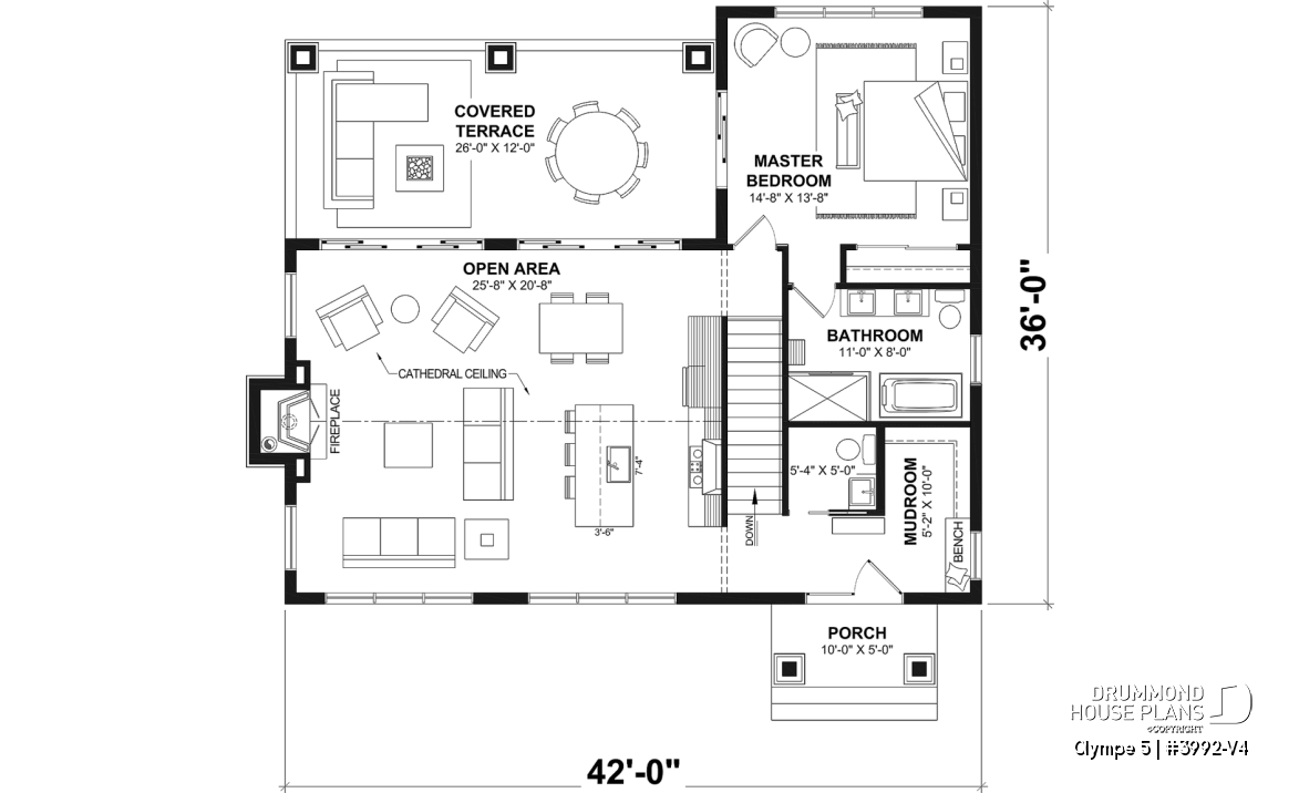 1st level - 4-Bedroom Walkout Basement House Plan with Two Large Covered Terraces - Olympe 5