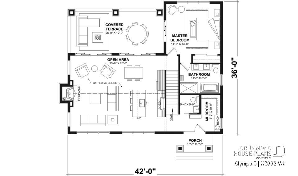 1st level - 4-Bedroom Walkout Basement House Plan with Two Large Covered Terraces - Olympe 5