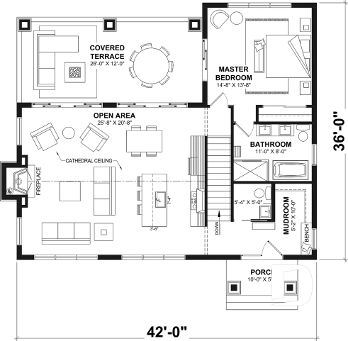 1st level - 4-Bedroom Walkout Basement House Plan with Two Large Covered Terraces - Olympe 5