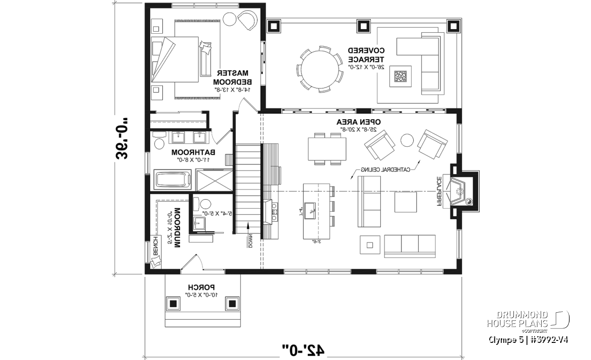 1st level - 4-Bedroom Walkout Basement House Plan with Two Large Covered Terraces - Olympe 5