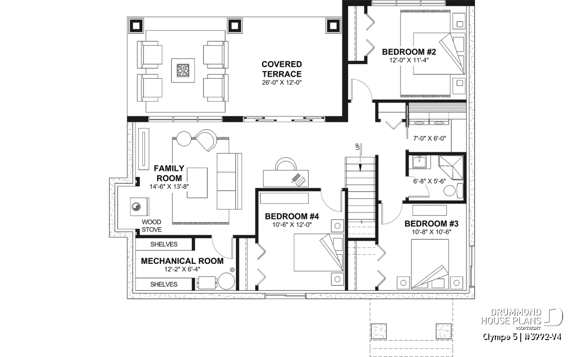 Finished basement - 4-Bedroom Walkout Basement House Plan with Two Large Covered Terraces - Olympe 5
