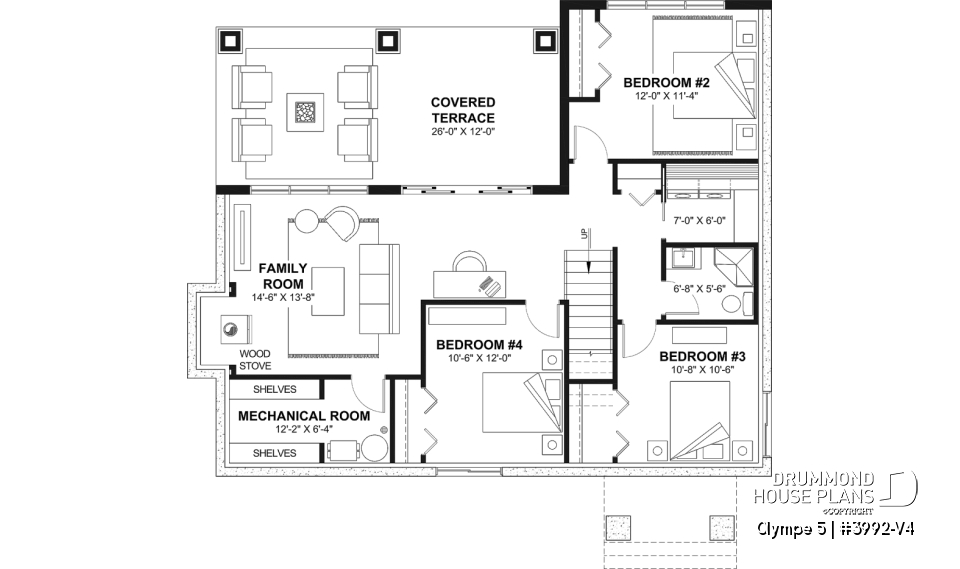 Finished basement - 4-Bedroom Walkout Basement House Plan with Two Large Covered Terraces - Olympe 5