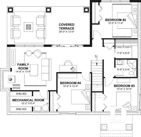 Finished basement - 4-Bedroom Walkout Basement House Plan with Two Large Covered Terraces - Olympe 5