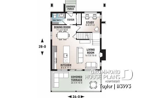 1st level - Modern cottage plan, 2-3 bedrooms, 2 large terraces, panoramic views, 2 fireplaces, large kitchen island - Taylor
