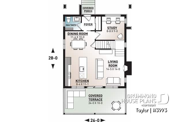 1st level - Modern cottage plan, 2-3 bedrooms, 2 large terraces, panoramic views, 2 fireplaces, large kitchen island - Taylor