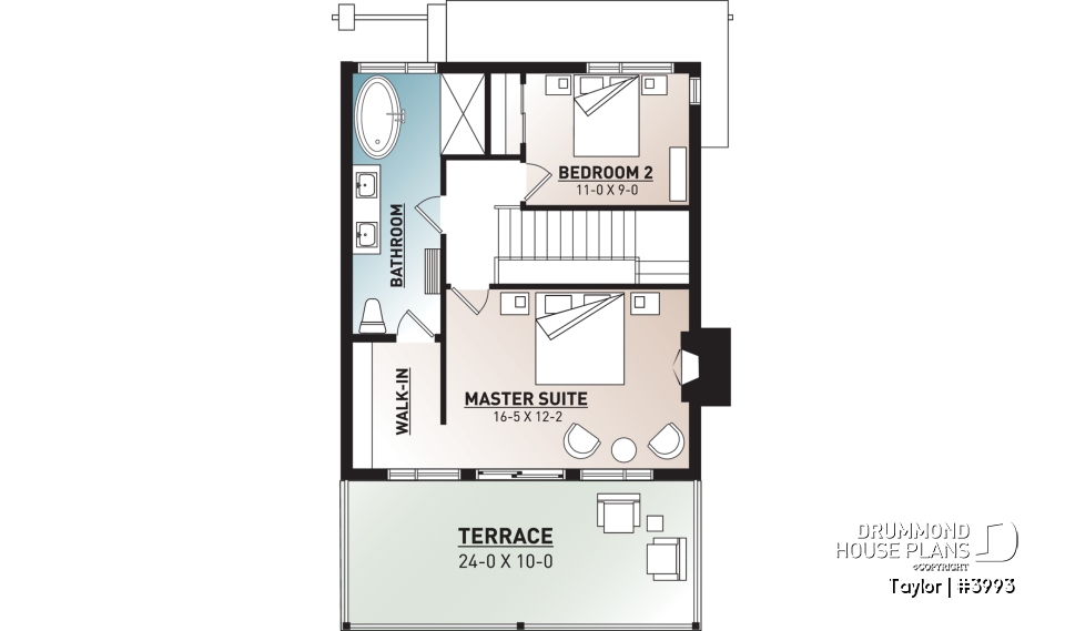 2nd level - Modern cottage plan, 2-3 bedrooms, 2 large terraces, panoramic views, 2 fireplaces, large kitchen island - Taylor