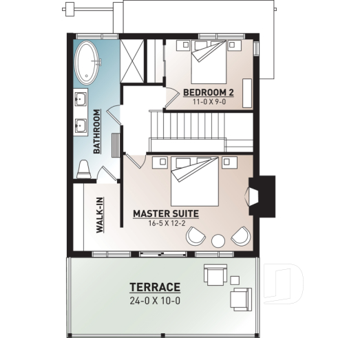 2nd level - Modern cottage plan, 2-3 bedrooms, 2 large terraces, panoramic views, 2 fireplaces, large kitchen island - Taylor