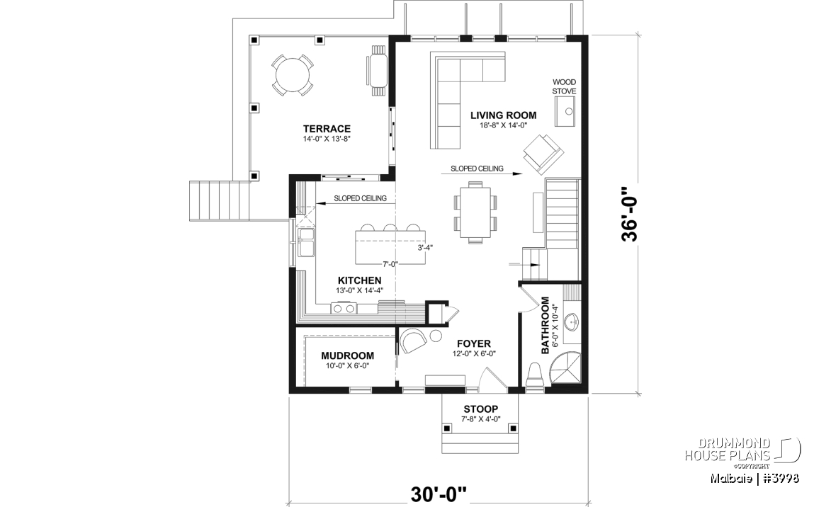 1st level - Ski or mountain cottage plan with walkout basement, large covered deck, 3  beds, 2 bathrooms, open  concept - Malbaie