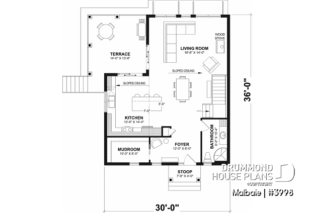 1st level - Ski or mountain cottage plan with walkout basement, large covered deck, 3  beds, 2 bathrooms, open  concept - Malbaie