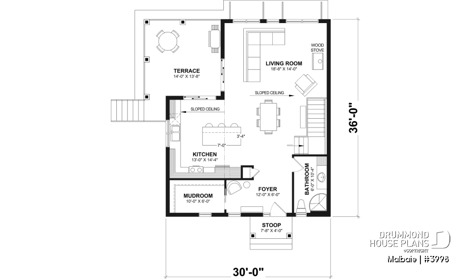 1st level - Ski or mountain cottage plan with walkout basement, large covered deck, 3  beds, 2 bathrooms, open  concept - Malbaie