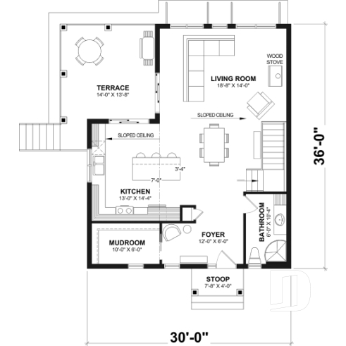 1st level - Ski or mountain cottage plan with walkout basement, large covered deck, 3  beds, 2 bathrooms, open  concept - Malbaie