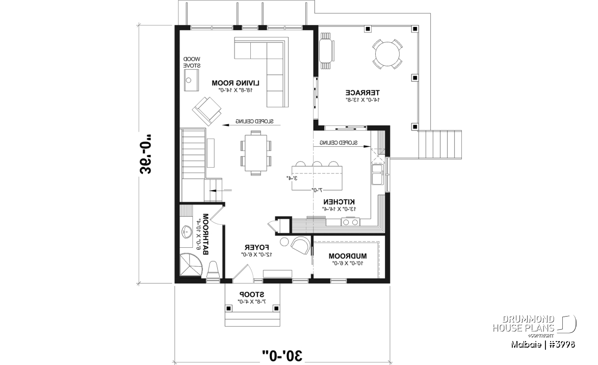 1st level - Ski or mountain cottage plan with walkout basement, large covered deck, 3  beds, 2 bathrooms, open  concept - Malbaie