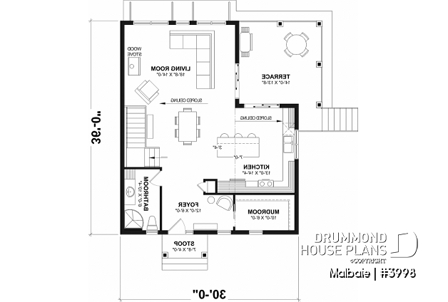 1st level - Ski or mountain cottage plan with walkout basement, large covered deck, 3  beds, 2 bathrooms, open  concept - Malbaie