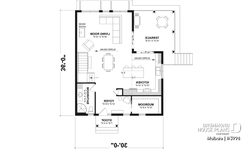 1st level - Ski or mountain cottage plan with walkout basement, large covered deck, 3  beds, 2 bathrooms, open  concept - Malbaie