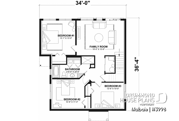 Basement - Ski or mountain cottage plan with walkout basement, large covered deck, 3  beds, 2 bathrooms, open  concept - Malbaie