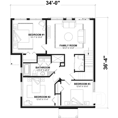 Basement - Ski or mountain cottage plan with walkout basement, large covered deck, 3  beds, 2 bathrooms, open  concept - Malbaie