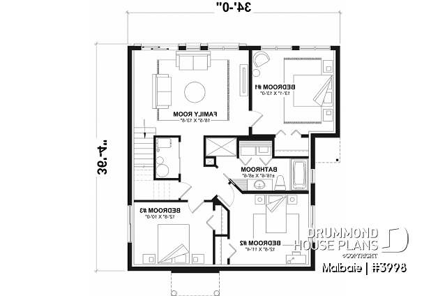 Basement - Ski or mountain cottage plan with walkout basement, large covered deck, 3  beds, 2 bathrooms, open  concept - Malbaie