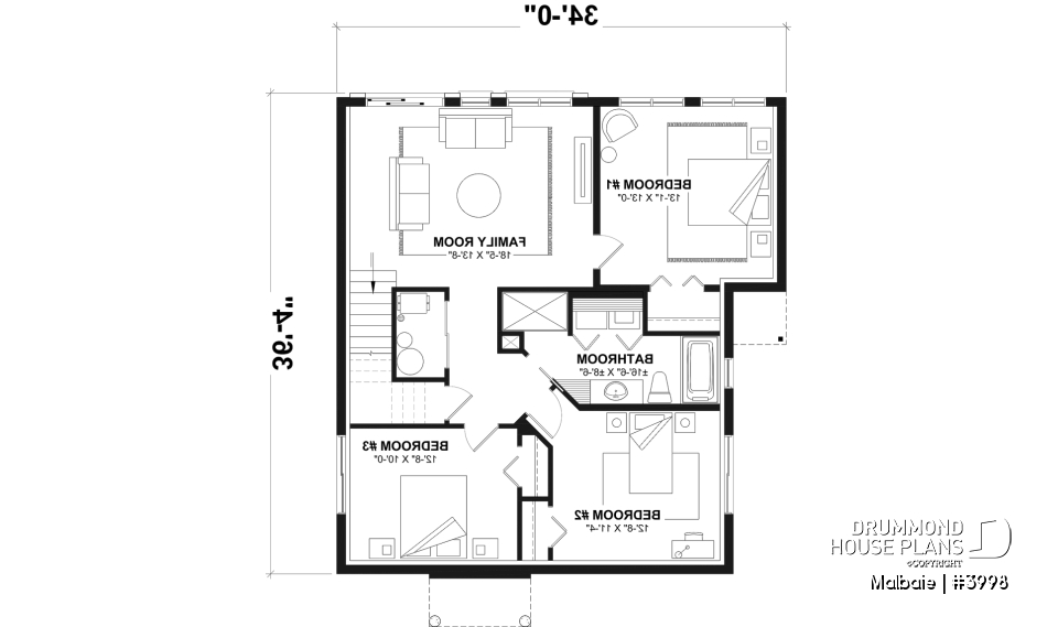 Basement - Ski or mountain cottage plan with walkout basement, large covered deck, 3  beds, 2 bathrooms, open  concept - Malbaie