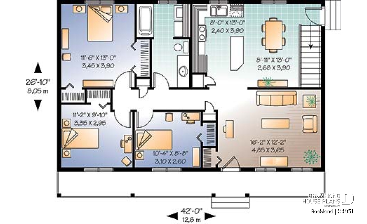 1st level - Affordable bungalow house plan, 3 bedrooms, front porch, large family room, laundry closet on main - Rockland
