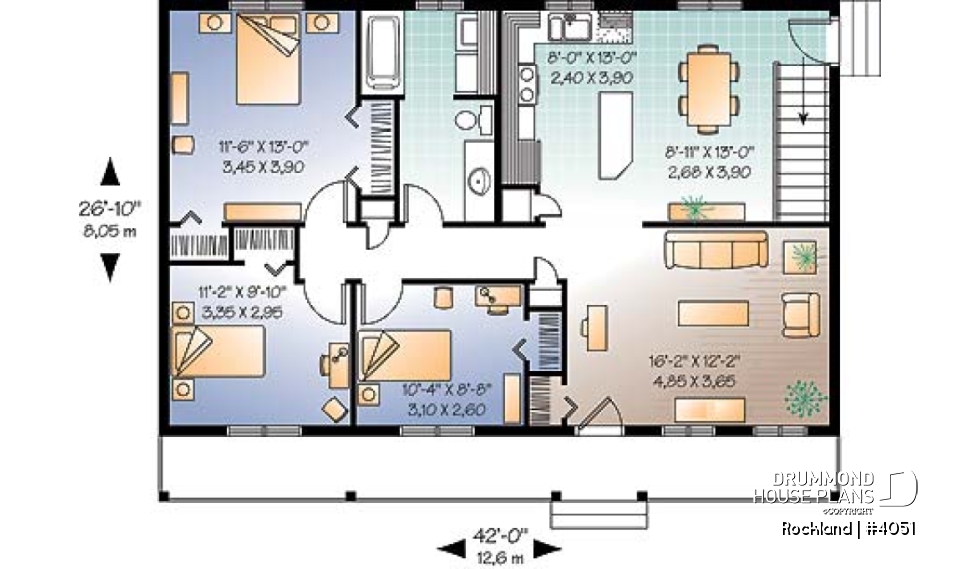 1st level - Affordable bungalow house plan, 3 bedrooms, front porch, large family room, laundry closet on main - Rockland