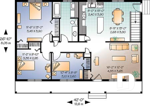 1st level - Affordable bungalow house plan, 3 bedrooms, front porch, large family room, laundry closet on main - Rockland