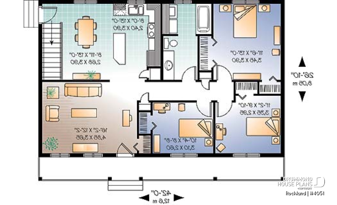 1st level - Affordable bungalow house plan, 3 bedrooms, front porch, large family room, laundry closet on main - Rockland