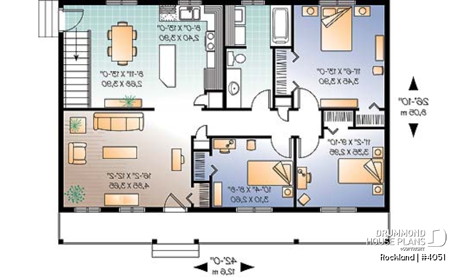 1st level - Affordable bungalow house plan, 3 bedrooms, front porch, large family room, laundry closet on main - Rockland