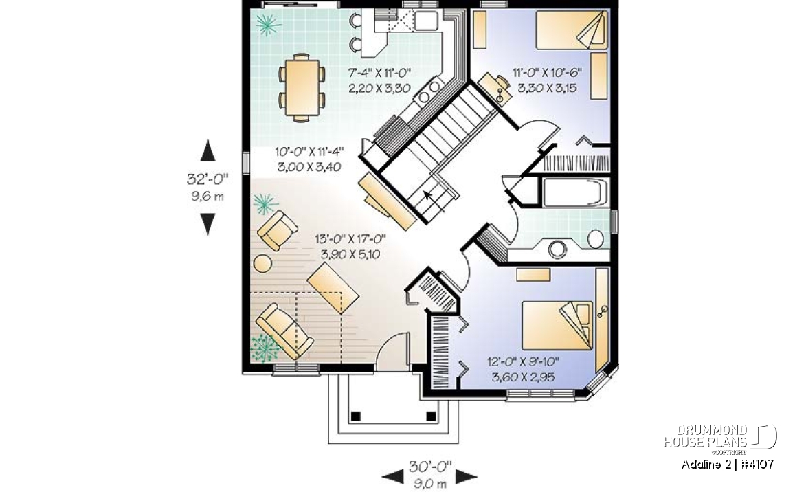 1st level - European style inspired one-storey house plan with 2 bedrooms, economical, cathedral ceiling - Adaline 2